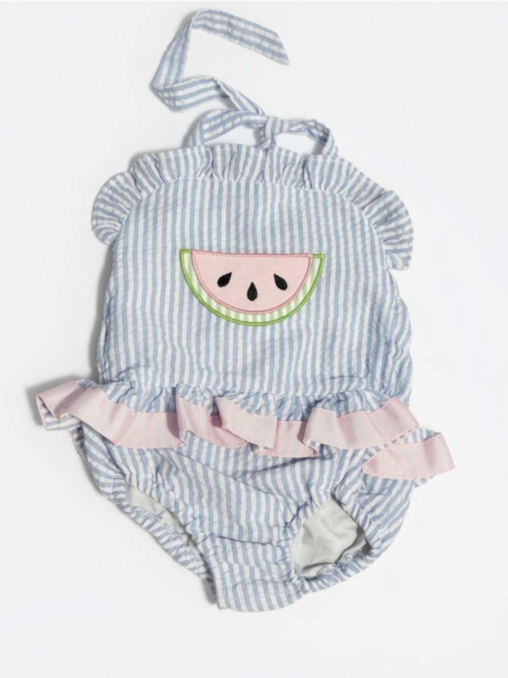 Striped Baby Bathing Suit with Pink Watermelon Applique